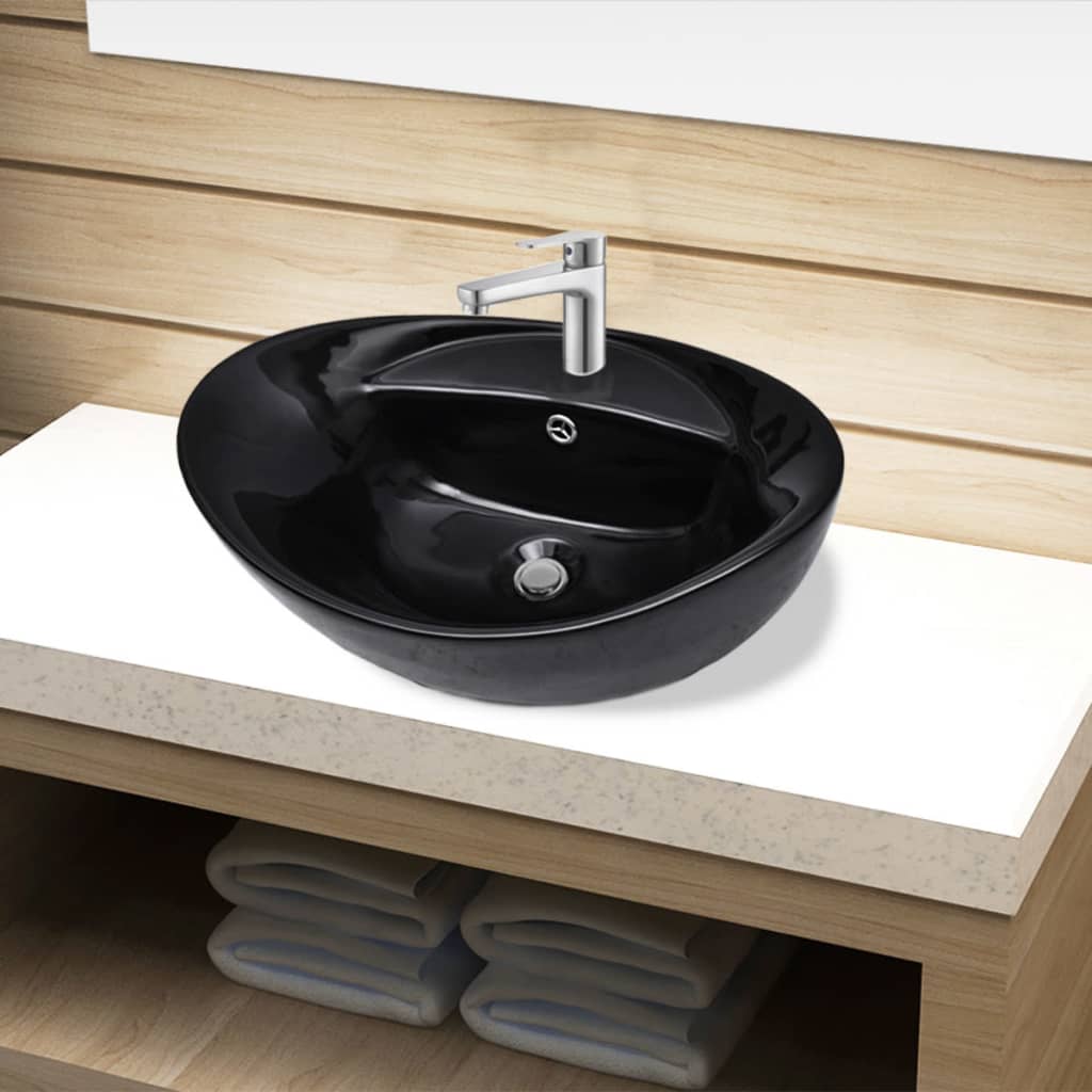 Keramik Waschbecken Hahnloch/Überlaufloch schwarz oval - Pazzar.ch