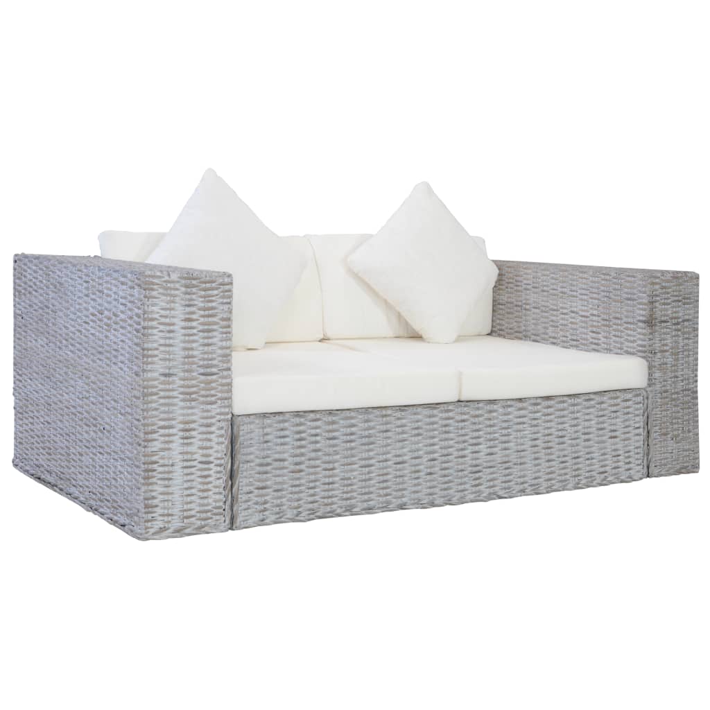 2-Sitzer-Sofa mit Kissen Grau Natürliches Rattan