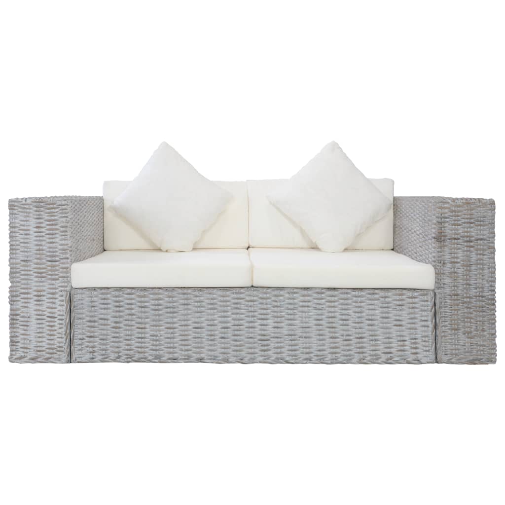 2-Sitzer-Sofa mit Kissen Grau Natürliches Rattan