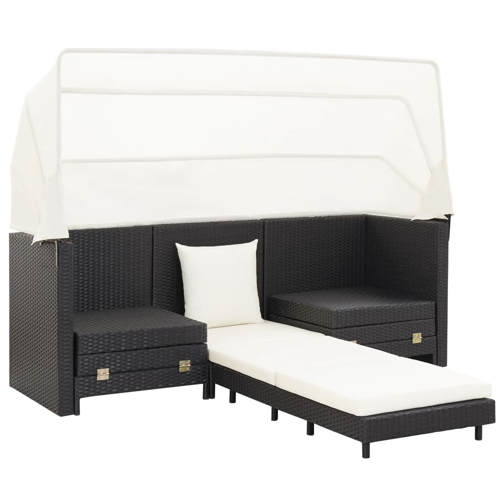 Ausziehbares 3-Sitzer-Schlafsofa mit Dach Poly Rattan Schwarz - Pazzar.ch