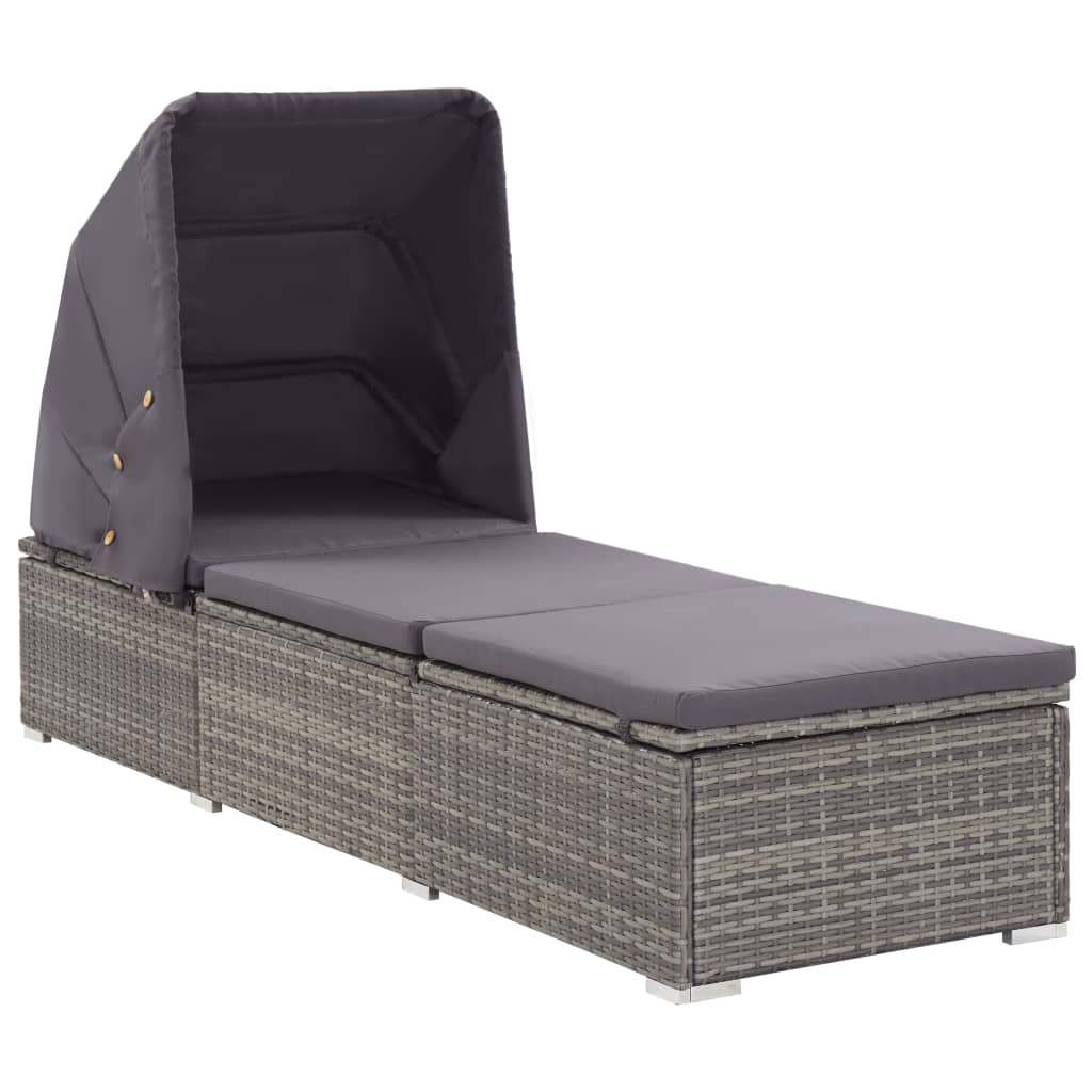 Sonnenliege mit Sonnenschutz und Auflagen Poly Rattan Grau - Pazzar.ch