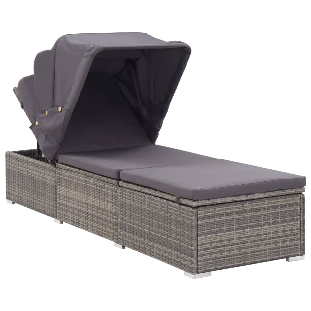 Sonnenliege mit Sonnenschutz und Auflagen Poly Rattan Grau - Pazzar.ch