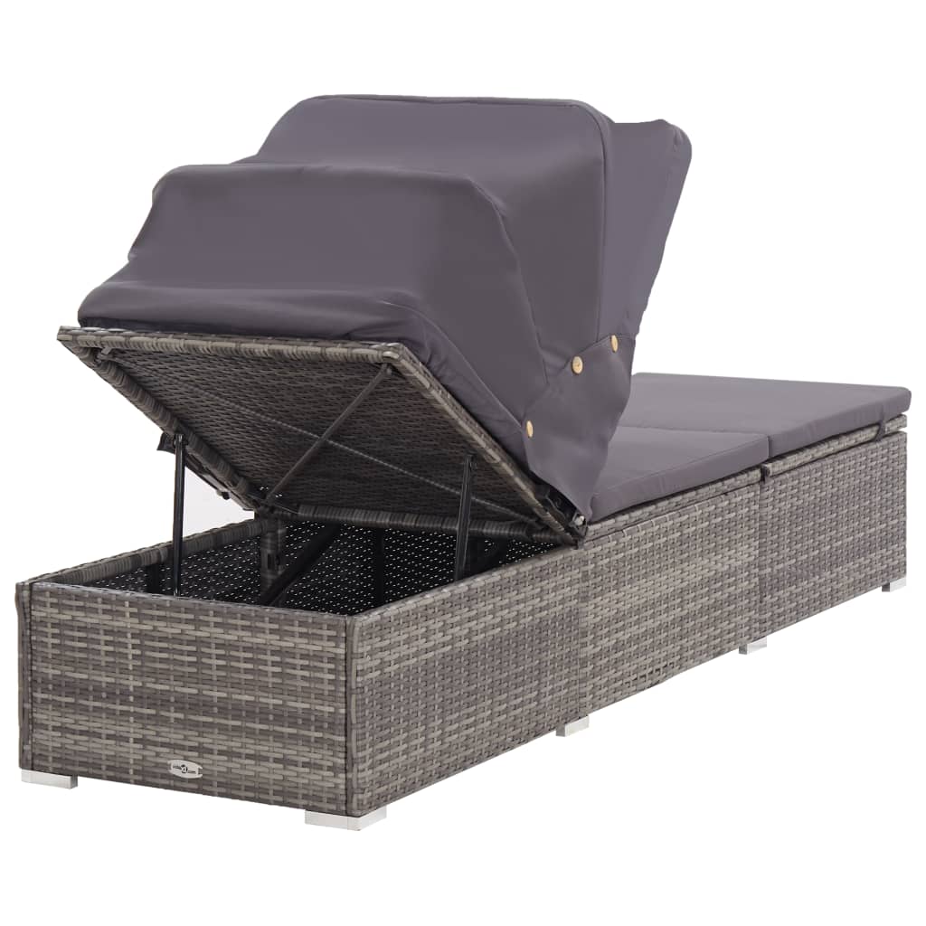 Sonnenliege mit Sonnenschutz und Auflagen Poly Rattan Grau - Pazzar.ch