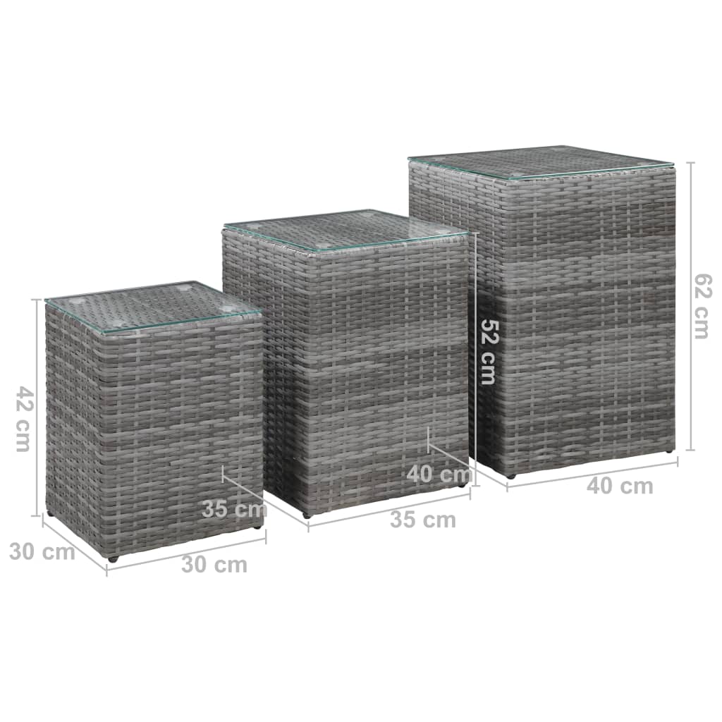 Beistelltische 3 Stk. mit Glasplatte Grau Poly Rattan - Pazzar.ch