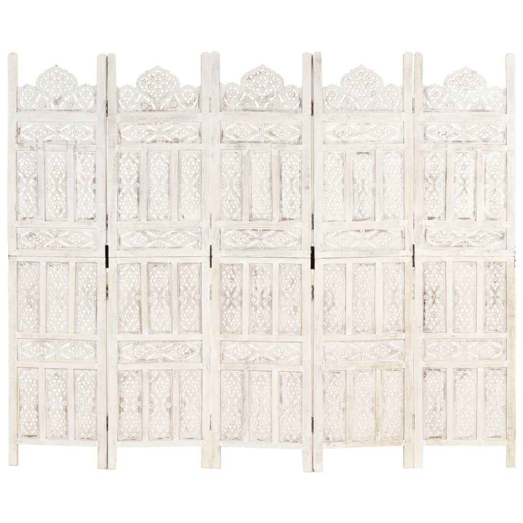 5tlg. Raumteiler Handgeschnitzt Weiß 200×165cm Mango Massivholz - Pazzar.ch