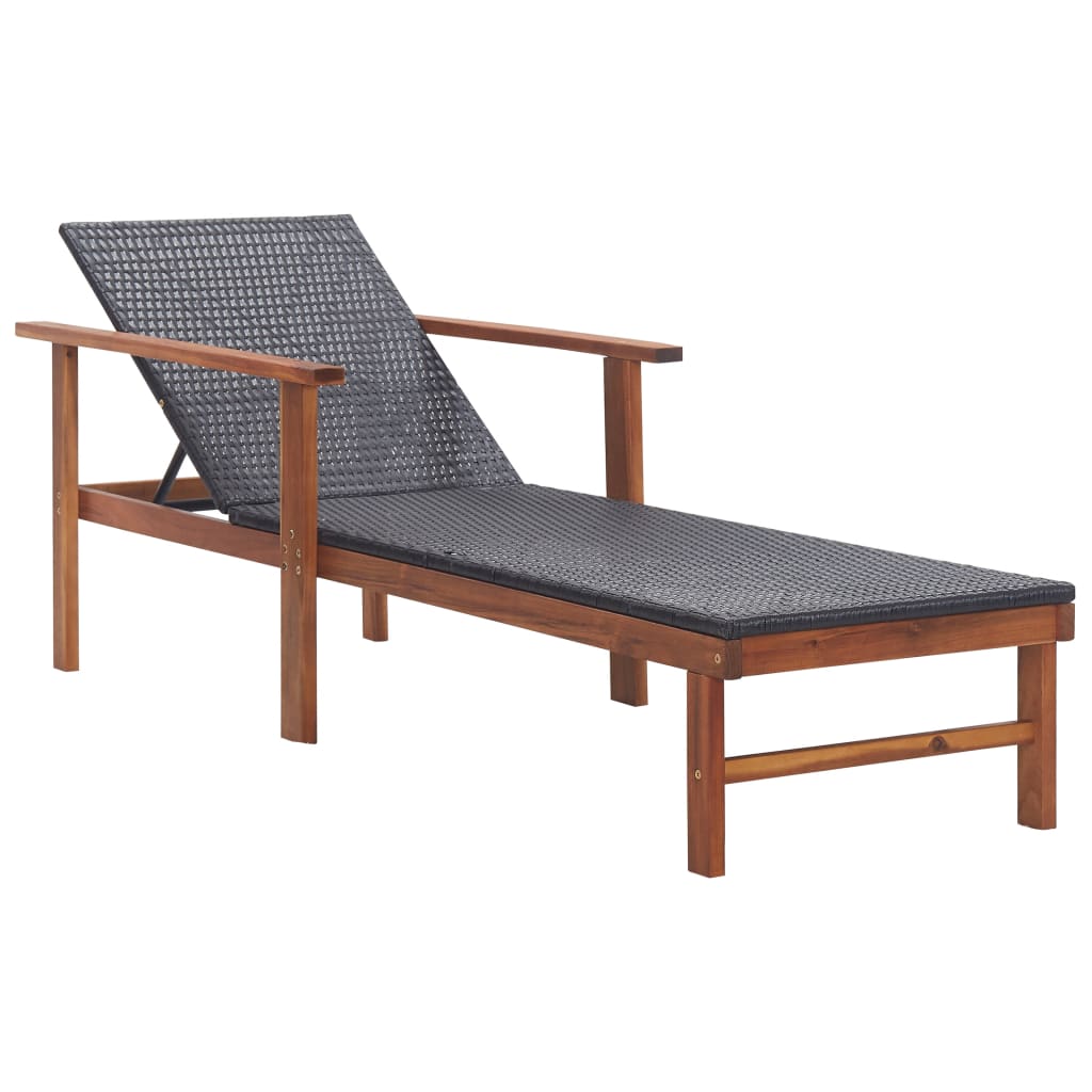 Sonnenliege mit Auflage Poly Rattan Akazie Massivholz Schwarz - Pazzar.ch