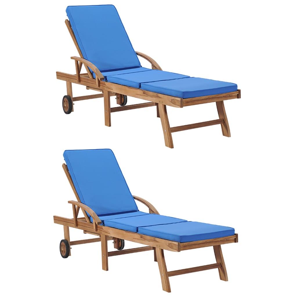 Sonnenliegen mit Auflagen 2 Stk. Massivholz Teak Blau - Pazzar.ch