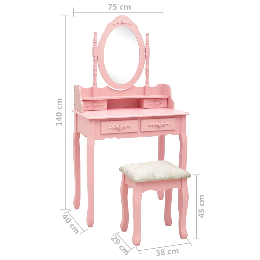 Schminktisch-Set mit Hocker Rosa 75x69x140 cm Paulownia-Holz - Pazzar.ch