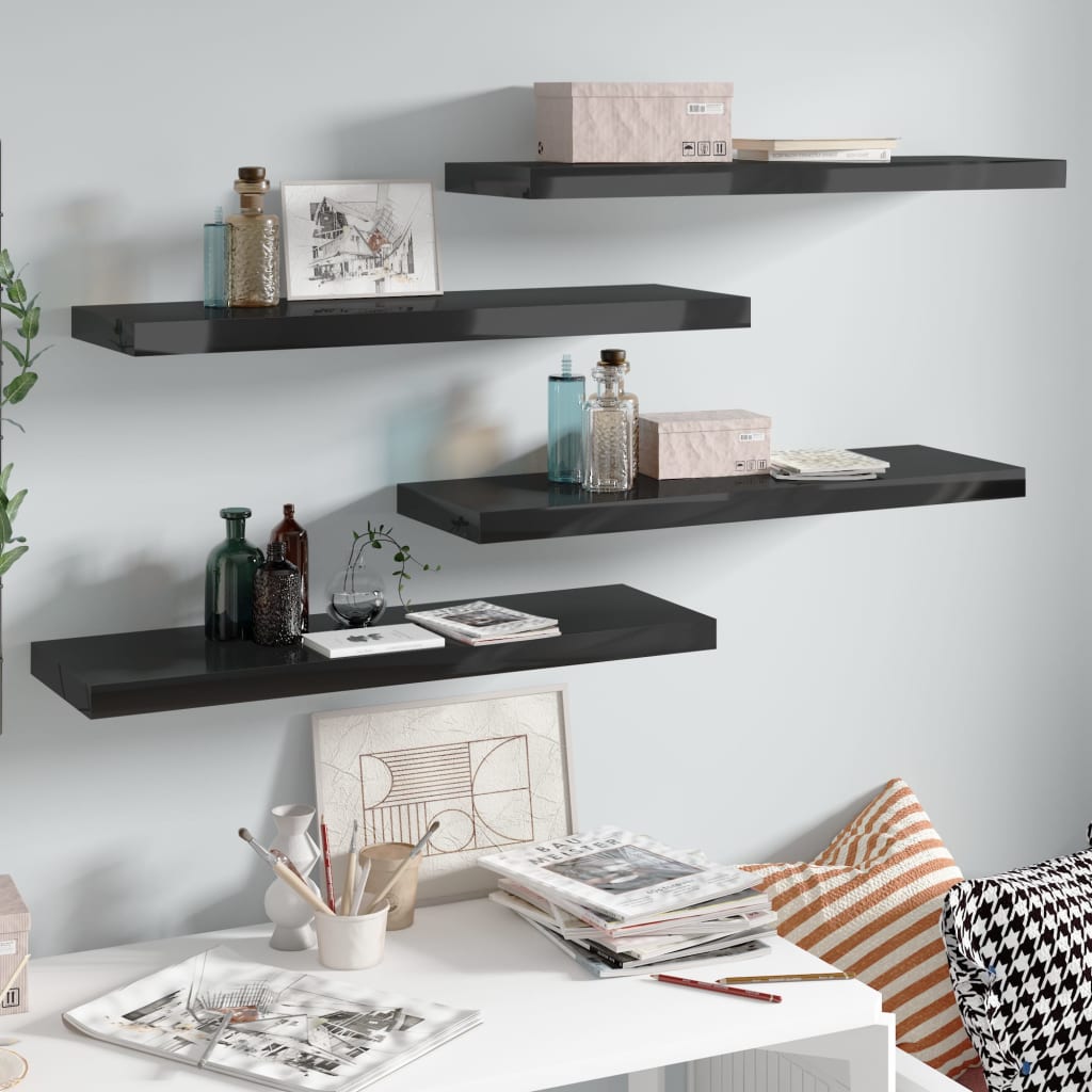 Schweberegale 4 Stk. Hochglanz-Schwarz 80x23,5x3,8 cm MDF - Pazzar.ch