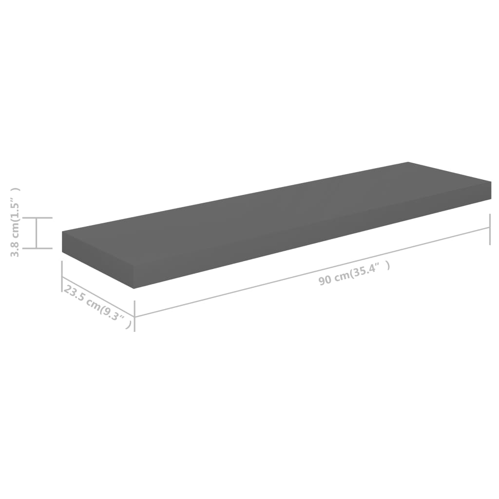 Schweberegale 2 Stk. Hochglanz-Grau 90x23,5x3,8 cm MDF - Pazzar.ch