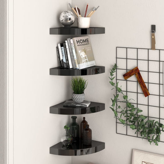 Eck-Schweberegale 4 Stk. Hochglanz-Schwarz 25x25x3,8 cm MDF - Pazzar.ch