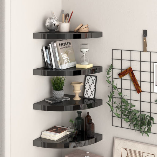 Eck-Schweberegale 4 Stk. Hochglanz-Schwarz 35x35x3,8 cm MDF - Pazzar.ch
