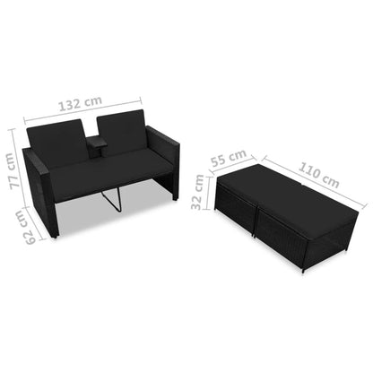 3-tlg. Garten-Lounge-Set mit Auflagen Poly Rattan Schwarz - Pazzar.ch
