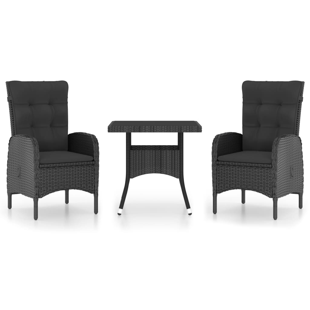 3-tlg. Garten-Essgruppe Poly Rattan und Glas Schwarz