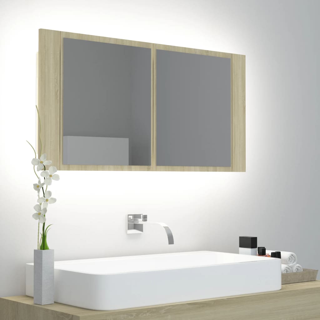 LED-Bad-Spiegelschrank Sonoma-Eiche 90x12x45 cm Acryl - Pazzar.ch