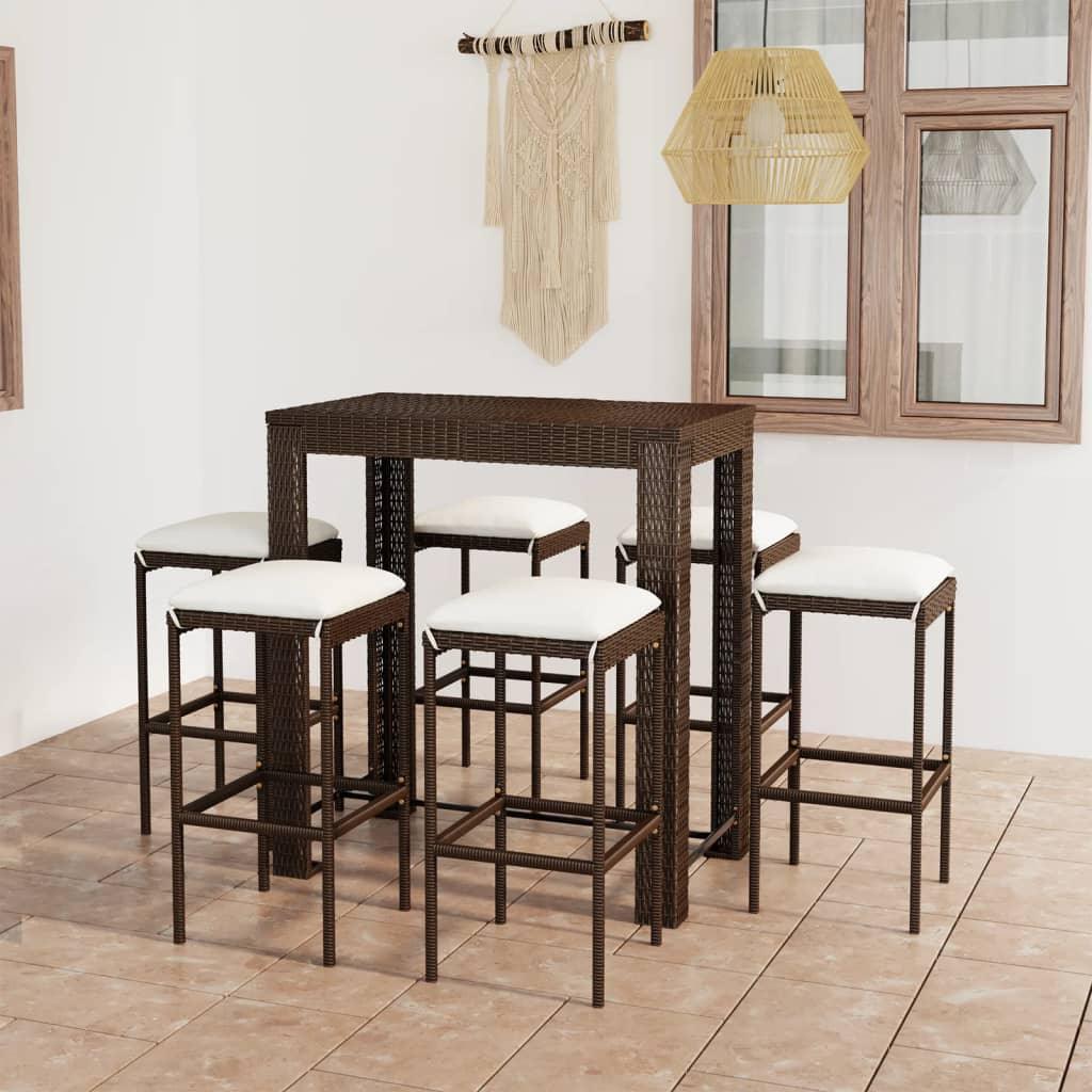 7-tlg. Gartenbar-Set mit Kissen Poly Rattan Braun - Pazzar.ch