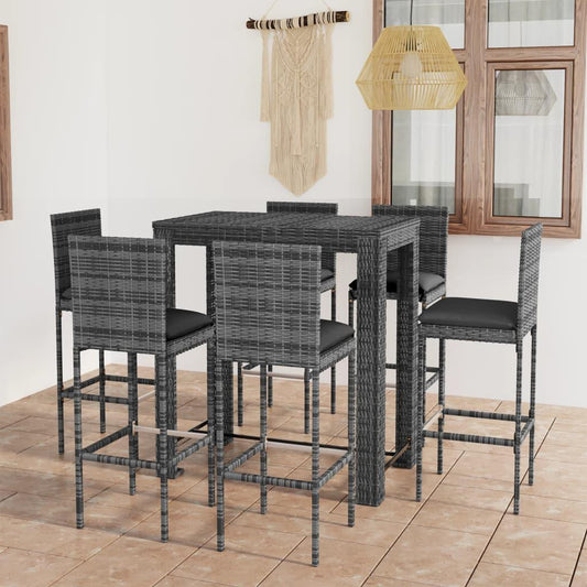 7-tlg. Gartenbar-Set mit Kissen Poly Rattan Grau - Pazzar.ch