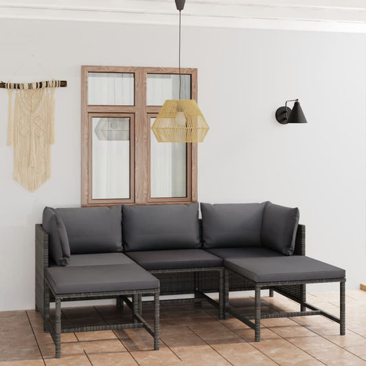 5-tlg. Garten-Lounge-Set mit Kissen Poly Rattan Grau - Pazzar.ch