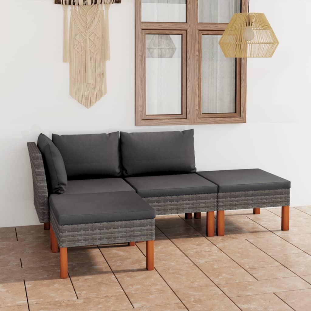 4-tlg. Garten-Lounge-Set mit Kissen Poly Rattan Grau - Pazzar.ch