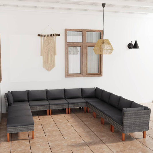 12-tlg. Garten-Lounge-Set mit Kissen Poly Rattan Grau - Pazzar.ch