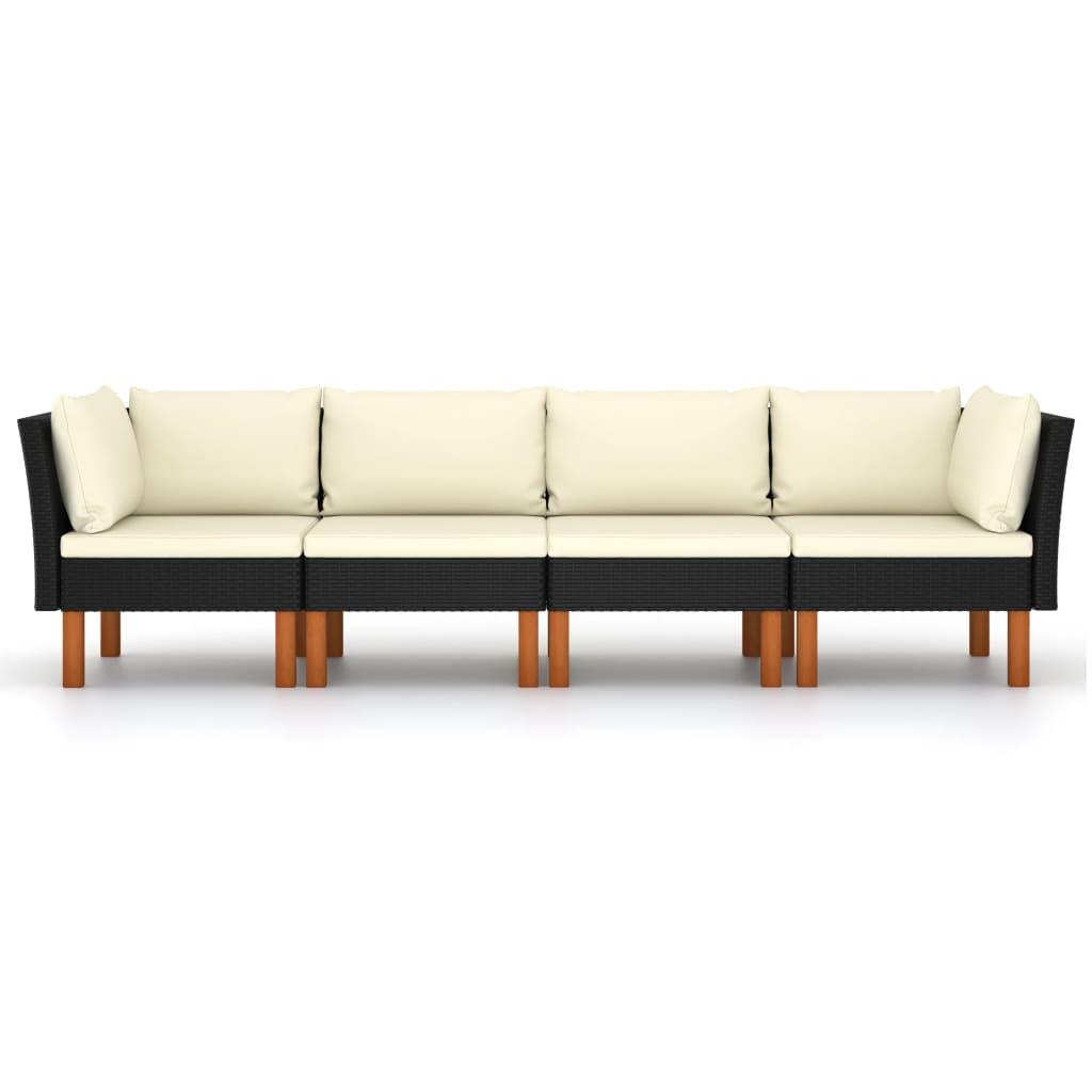 4-Sitzer-Gartensofa mit Kissen Schwarz Poly Rattan