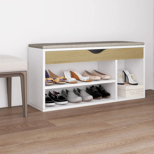 Schuhbank mit Kissen Weiß Sonoma-Eiche 104x30x49cm - Pazzar.ch