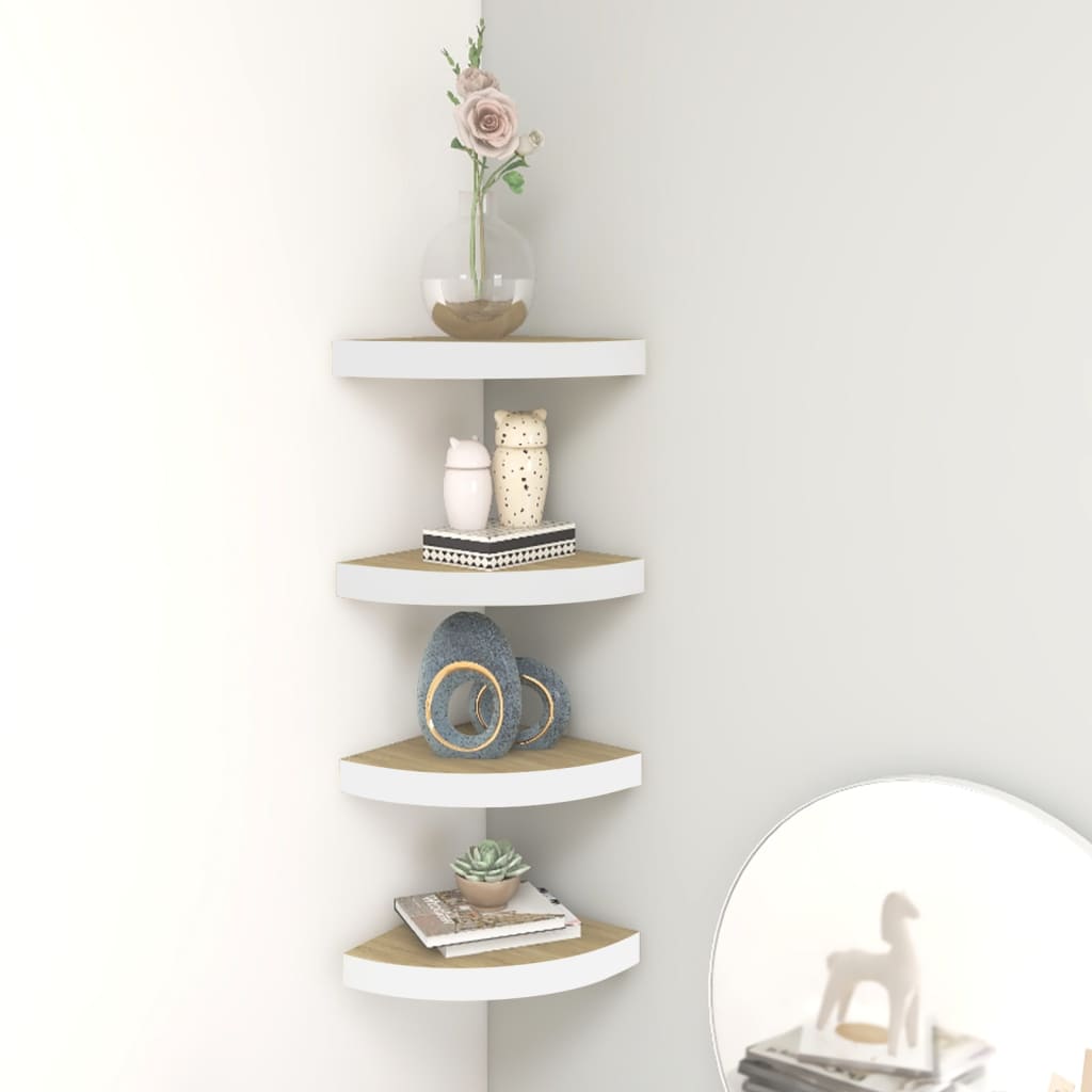 Eck-Schweberegale 4 Stk. Eichen-Optik und Weiß 35x35x3,8 cm MDF - Pazzar.ch