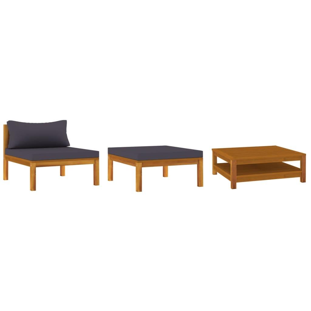 3-tlg. Garten-Lounge-Set mit Dunkelgrauen Kissen Akazienholz - Pazzar.ch