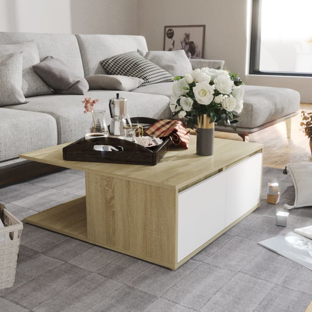 Couchtisch Weiß und Sonoma-Eiche 80x80x31 cm Holzwerkstoff - Pazzar.ch