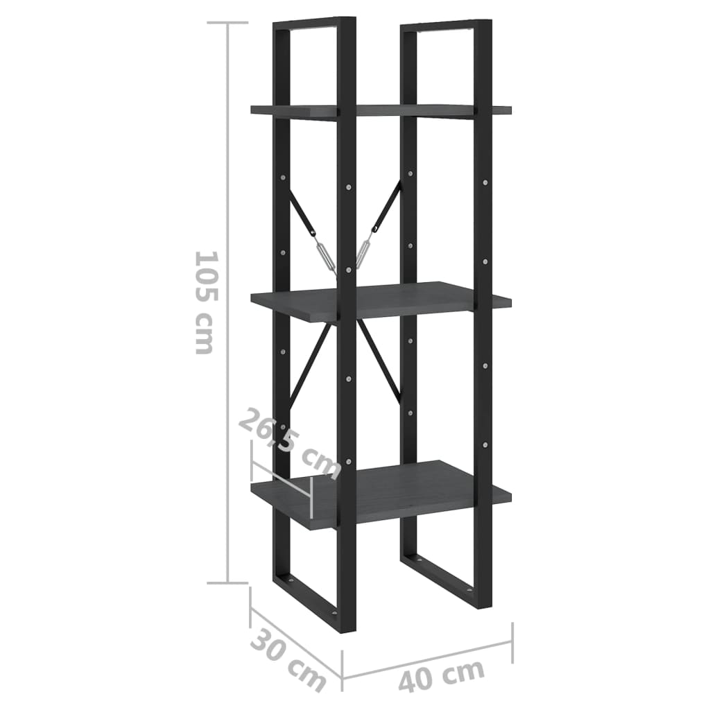 Bücherregal 3 Fächer Grau 40x30x105 cm Massivholz Kiefer - Pazzar.ch