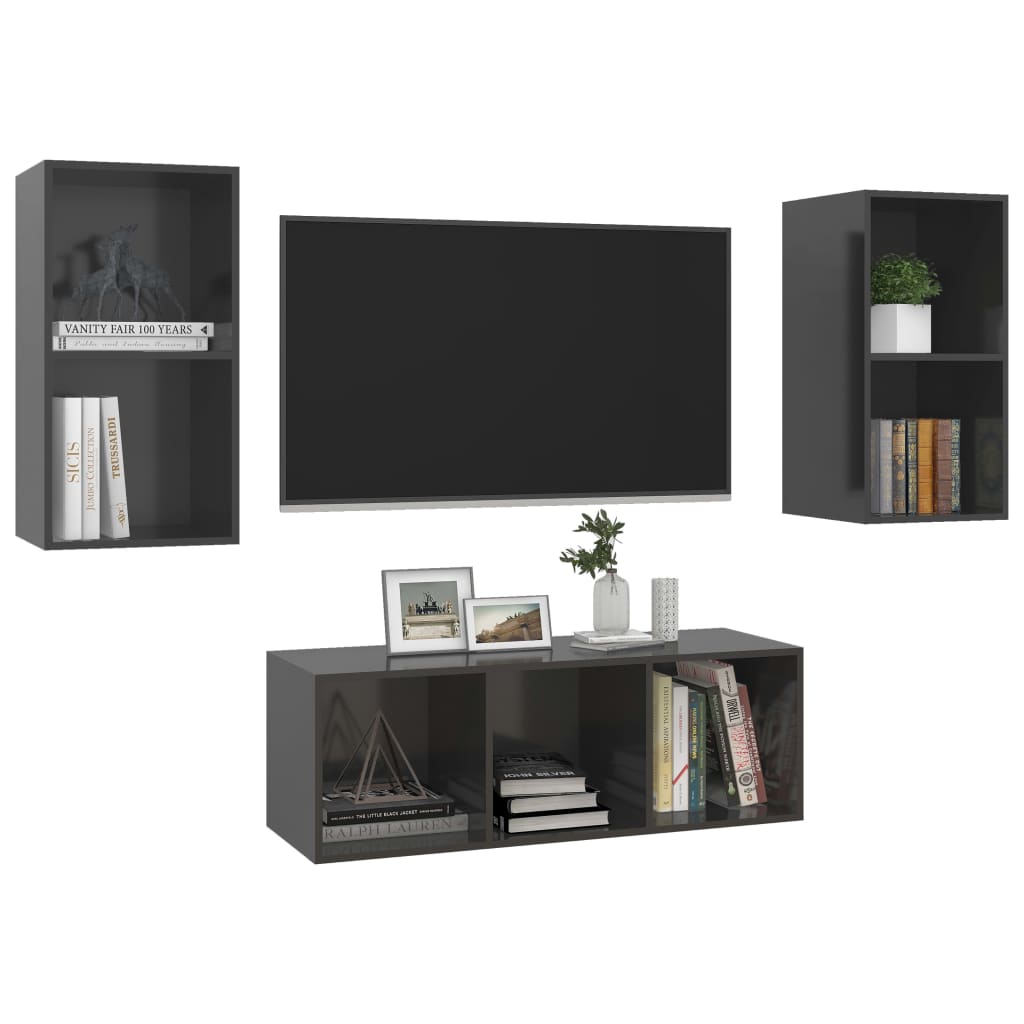 3-tlg. TV-Schrank-Set Hochglanz-Grau Holzwerkstoff - Pazzar.ch