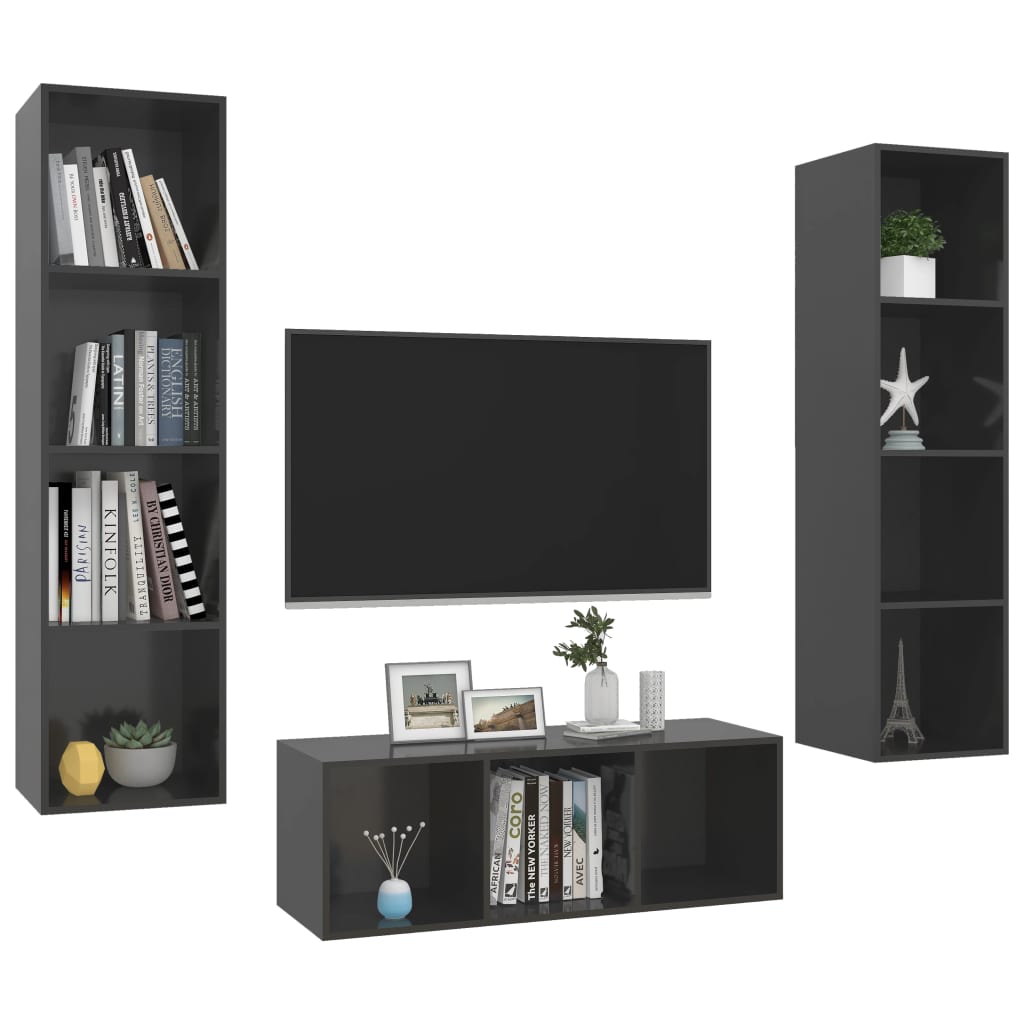 3-tlg. TV-Schrank-Set Hochglanz-Grau Holzwerkstoff - Pazzar.ch
