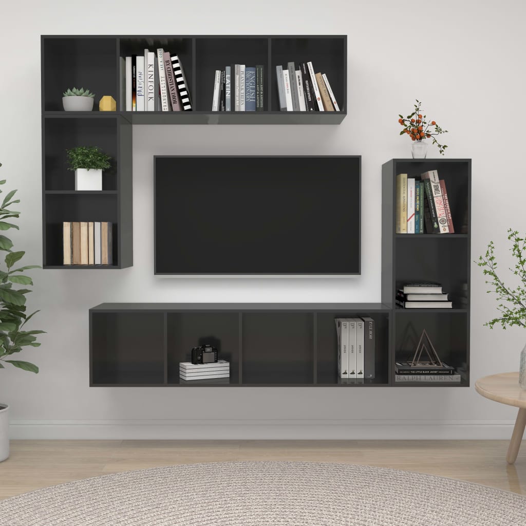 4-tlg. TV-Schrank-Set Hochglanz-Grau Holzwerkstoff - Pazzar.ch