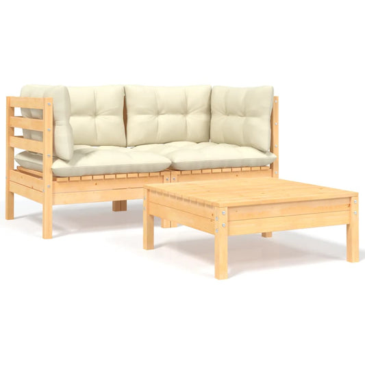 3-tlg. Garten-Lounge-Set mit Kissen in Creme Massivholz Kiefer - Pazzar.ch