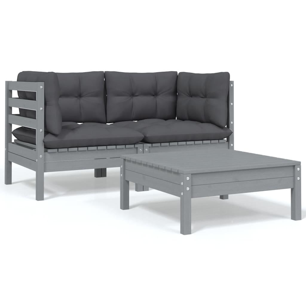 3-tlg. Garten-Lounge-Set mit Kissen Grau Kiefer Massivholz