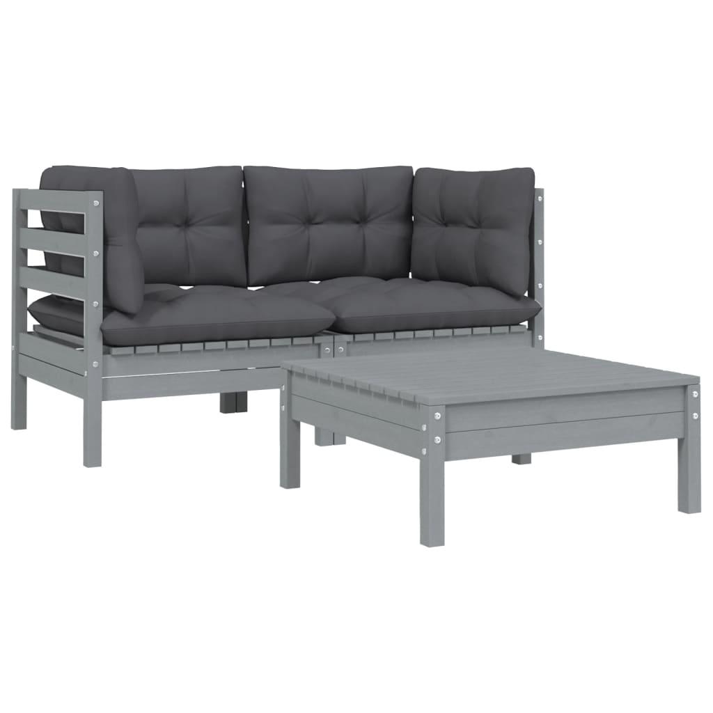 3-tlg. Garten-Lounge-Set mit Kissen Grau Kiefer Massivholz - Pazzar.ch