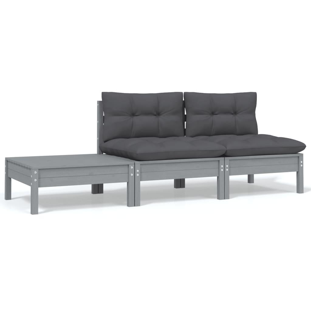 3-tlg. Garten-Lounge-Set mit Kissen Grau Kiefer Massivholz - Pazzar.ch