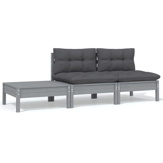 3-tlg. Garten-Lounge-Set mit Kissen Grau Kiefer Massivholz - Pazzar.ch