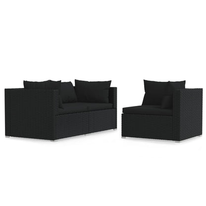 3-tlg. Garten-Lounge-Set mit Kissen Schwarz Poly Rattan - Pazzar.ch