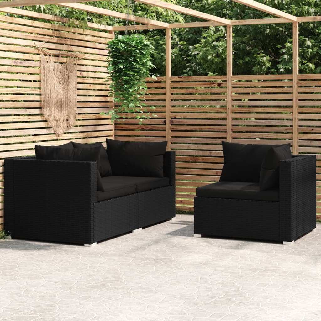 3-tlg. Garten-Lounge-Set mit Kissen Schwarz Poly Rattan - Pazzar.ch