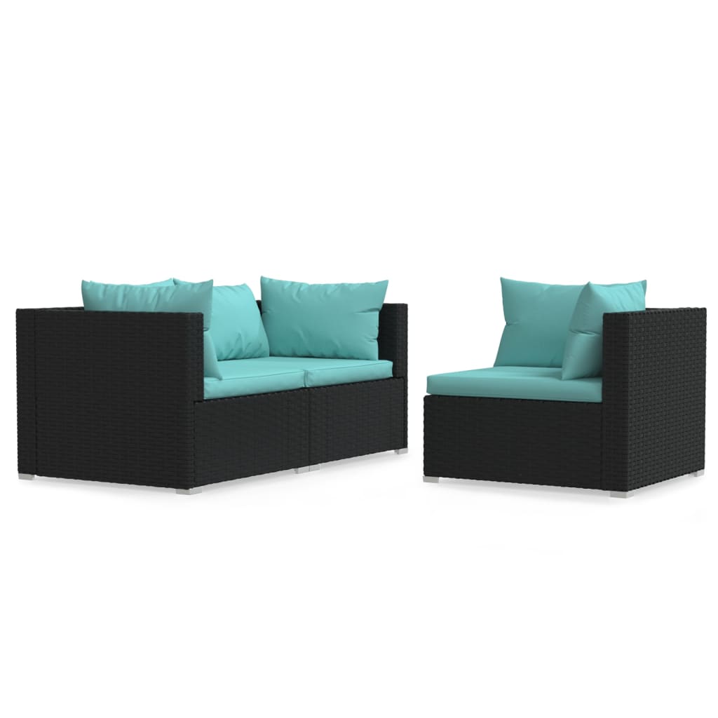 3-tlg. Garten-Lounge-Set mit Kissen Schwarz Poly Rattan - Pazzar.ch