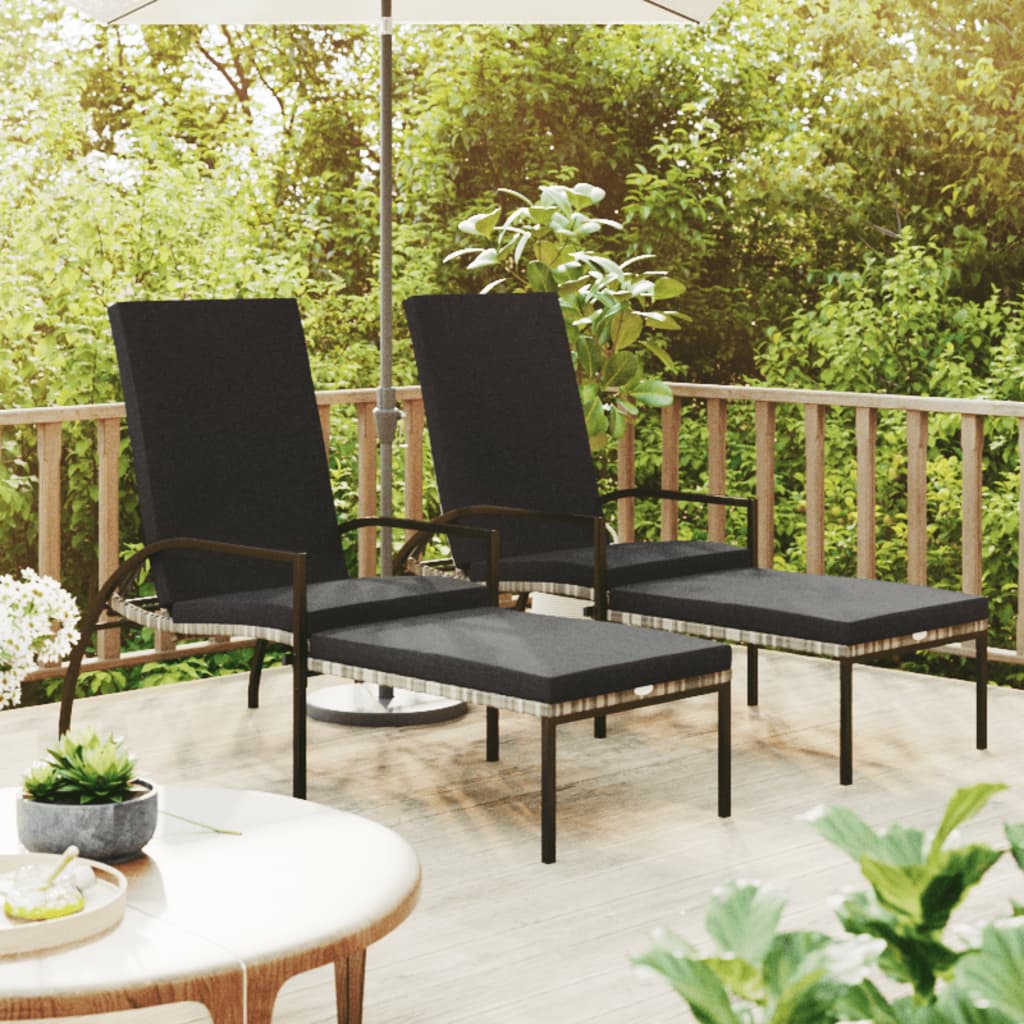 Sonnenliegen 2 Stk. mit Fußhocker PE-Rattan Grau - Pazzar.ch