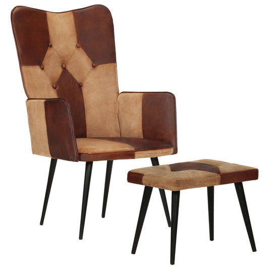 Sessel mit Hocker Braun Echtleder und Canvas - Pazzar.ch