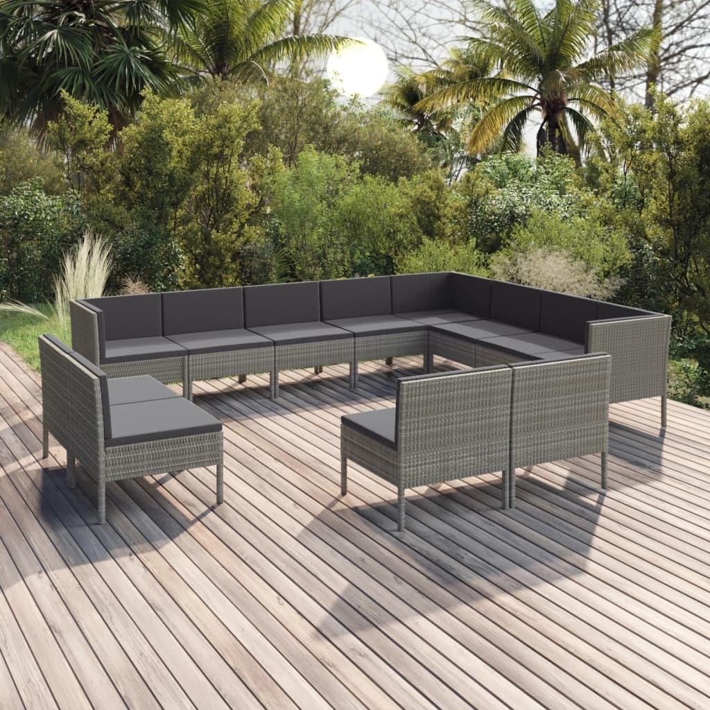 12-tlg. Garten-Lounge-Set mit Auflagen Poly Rattan Grau - Pazzar.ch
