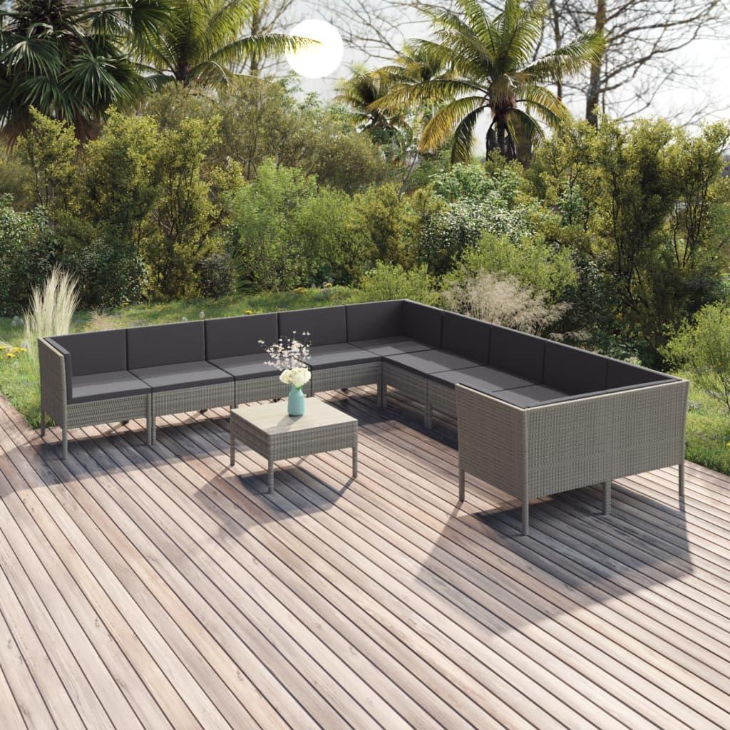 11-tlg. Garten-Lounge-Set mit Auflagen Poly Rattan Grau - Pazzar.ch