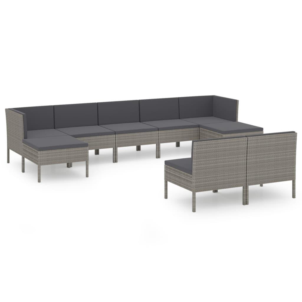 9-tlg. Garten-Lounge-Set mit Auflagen Poly Rattan Grau - Pazzar.ch