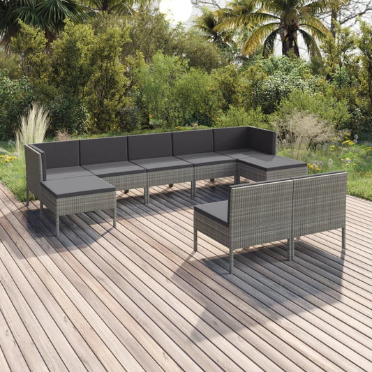 9-tlg. Garten-Lounge-Set mit Auflagen Poly Rattan Grau - Pazzar.ch