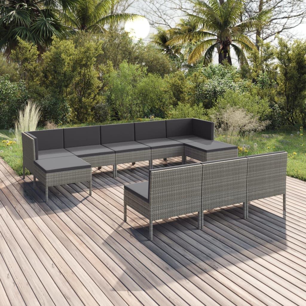 10-tlg. Garten-Lounge-Set mit Auflagen Poly Rattan Grau - Pazzar.ch