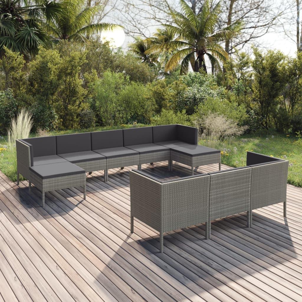 10-tlg. Garten-Lounge-Set mit Auflagen Poly Rattan Grau - Pazzar.ch