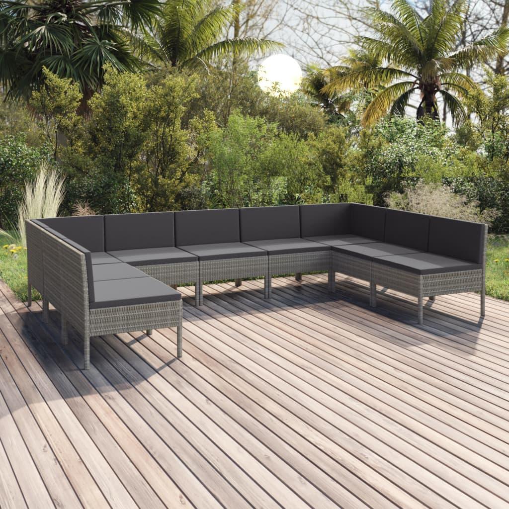 9-tlg. Garten-Lounge-Set mit Auflagen Poly Rattan Grau - Pazzar.ch